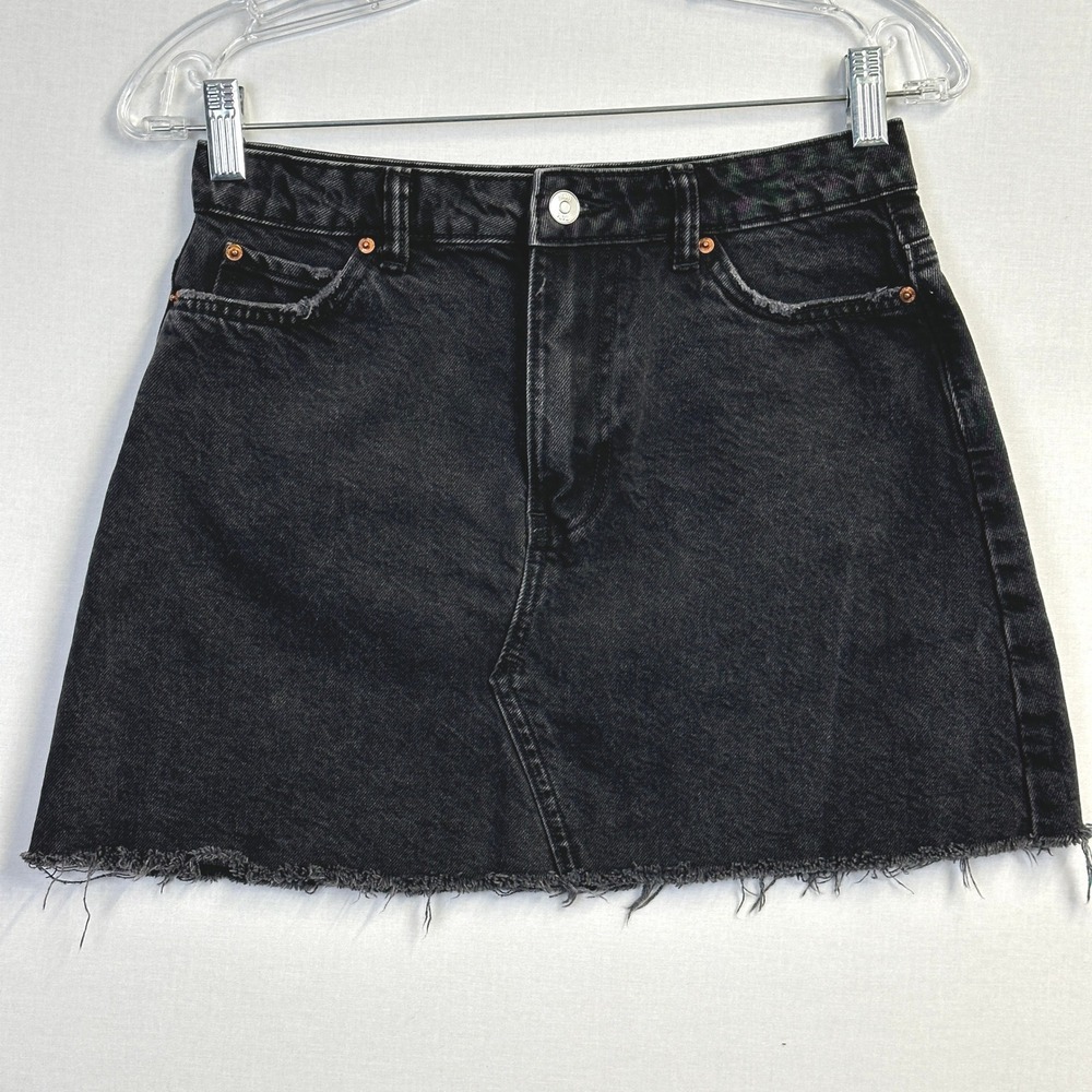 Zara‎ Black Denim Mini Skirt Frayed Hem Women's XS